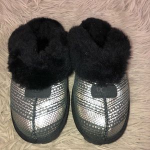 Black and silver patterned Ugg slippers